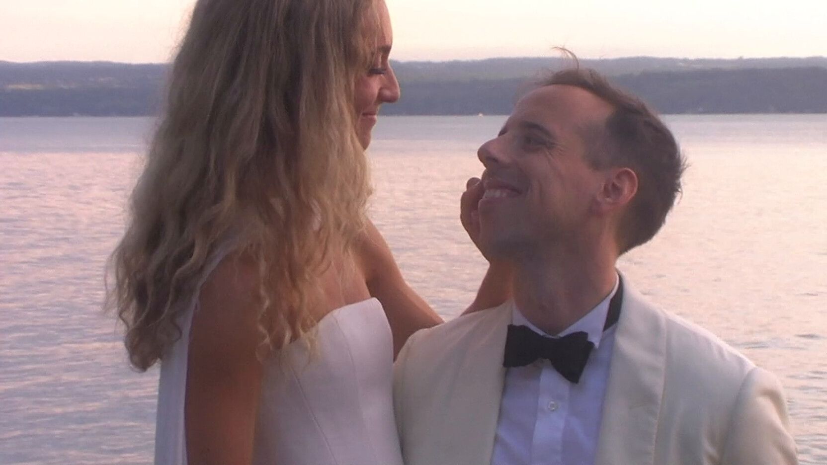 Bride and groom at golden hour, filmed on a JVC 3CCD vintage camcorder rental